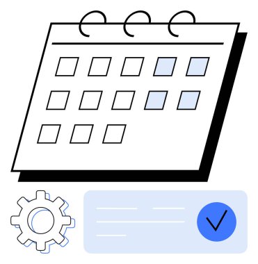 Dağınık işaretlenmiş tarihler, bir vites simgesi ve mavi işaretli bir takvim. Zaman yönetimi, proje planlaması, üretkenlik, zamanlama, süreler, görev öncelikleri ve organizasyon için ideal