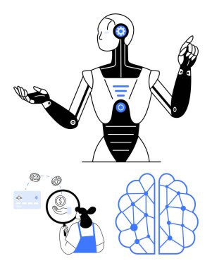 Gelecekçi robot hareketleri, beyin ağı yapısı, büyüteçle finansal verileri analiz eden kadın. Yapay zeka, robot bilimi, finans, teknoloji, gelecekteki yenilikler ve veri analizi için ideal