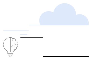 Yatay çizgileri olan bulut grafiği ve beyin dolu bir ampul. Teknoloji, yenilik, bulut hesaplama, beyin fırtınası, yaratıcılık, minimalist tasarım, soyut düz metafor için ideal