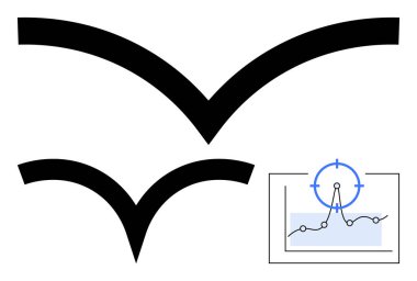 Bir çizgi grafiği ve hedef noktasını gösteren bir veri tablosuyla eşleştirilmiş iki cesur soyut kanat şekli. Kavramların ideali, büyüme, hassasiyet, analitik, strateji, yenilik, ilerleme, soyut çizgi