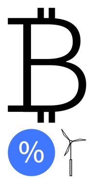 Bitcoin sembolü, beyaz yüzdelik işaretli mavi daire ve rüzgar türbini. Finans, kripto para birimi, yenilenebilir enerji, çevre dostu yatırımlar, sürdürülebilirlik, teknolojik gelişmeler için ideal yeşil