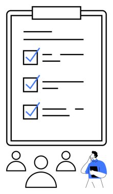 Üzerinde kontrol işaretleri, sadeleştirilmiş insan figürleri ve bireysel düşünce olan büyük görev panosu. Takım çalışması, görev yönetimi, üretkenlik, iş stratejisi, planlama, soyut çizgi için ideal