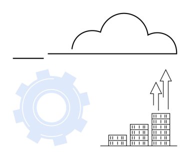 Minimalist design with cloud, gear, bar chart, and rising arrows. Ideal for innovation, technology, growth, cloud services data management success and process optimization. Abstract line flat clipart