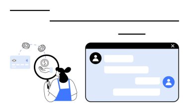 Çevrimiçi sohbet penceresi mesajları gösterirken para simgesini analiz eden kişi. Finans, dijital ödemeler, güvenlik, müşteri desteği, çevrimiçi bankacılık, finansal analiz, kullanıcı arayüzü için ideal. Soyut