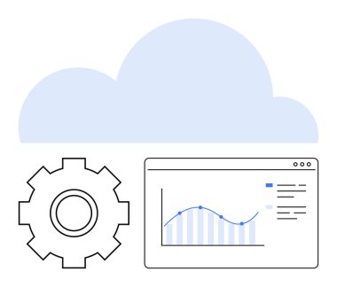 Cloud icon connected to a web dashboard with data analytics graphs. Gear represents data processing, automation, and technology. Ideal for cloud computing, analytics, IT, data, automation clipart