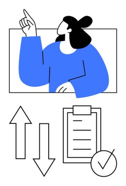 Kadın kavramsal sahnede yukarı doğru hareket eder. Pano, aşağı ve yukarı oklar ve bir işaret ile. İş eğilimleri, analiz, karar verme, geri bildirim, değerlendirme, strateji soyut çizgisi için ideal