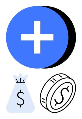 Mavi yuvarlak artı işareti, dolar işaretli beyaz para çantası ve finansal temalar için özet para. Bütçe, gelir büyümesi, tasarruf stratejileri, yatırımlar, muhasebe, zenginlik yönetimi için ideal