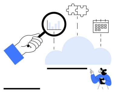 Bulmaca ve takvime bağlı olarak, bulutların üzerinde büyüteç tutan eller. Kadın aşağıda el kol hareketi yapar. Takım çalışması, analitik, bulut verisi, içgörü, planlama, problem çözme, soyut çizgi düz