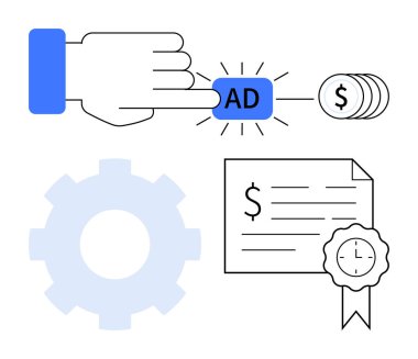 Dolar işareti, bozuk para, dişli ve dolar sembolü ve saati içeren sertifikayla AD tuşuna basar. Pazarlama, reklamlar, para, sertifikalar, zaman yönetimi finansmanı için ideal