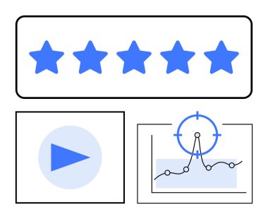 Beş mavi yıldız, video oyun ikonu, işaretli noktalarda hedef işaretli grafikler. Kalite değerlendirmesi için ideal, geri besleme sistemleri, video içeriği, analitik, strateji, hedefler düz çizgi metaforu