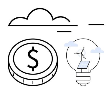 Dolar işaretli sikke ve güneş paneli ve rüzgar türbini içeren ampullü sikke finansal ve yenilenebilir enerji yeniliğini simgeliyor. Sürdürülebilirlik, finans, temiz enerji ve eko-yatırım için ideal