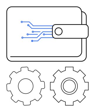 Mavi devre çizgileri olan dijital cüzdan ve iki vites aşağıda, yenilik sergilenen, dijital ödeme, fintech, otomasyon, engelleme zinciri, teknoloji ve sistem verimliliği. Teknoloji entegrasyonu için ideal