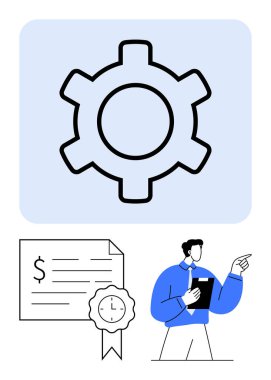 Elinde pano olan bir iş adamı, dişli simgesi süreci sembolize eden, başarı için kurdeleli bir sertifika. İş süreci için ideal, başarı, liderlik, verimlilik, kalite