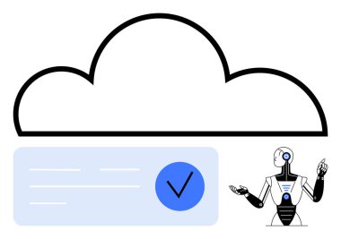 Robot figürü çizilmiş bir buluta doğru hareket ediyor ve bir mesaj kutusunun içinde işaret var. Yapay zeka yenilikleri, bulut hesaplaması, veri güvenliği, teknolojik gelişmeler, dijital dönüşüm için ideal