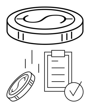 Madeni paralar bir kontrol listesi ve finansal hedefleri, bütçe takibini veya gider takibini temsil eden işaretlerle birlikte düşer. Tasarruf, yatırım, organizasyon, denetimler, strateji, soyut çizgiler için ideal