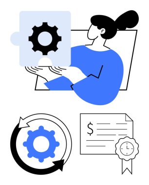 İnsan yapboz parçası, dişli dişli çark, süreci temsil eden oklar, kurdeleli sertifika. İş için ideal, takım çalışması, süreç optimizasyonu, verimlilik, eğitim, strateji