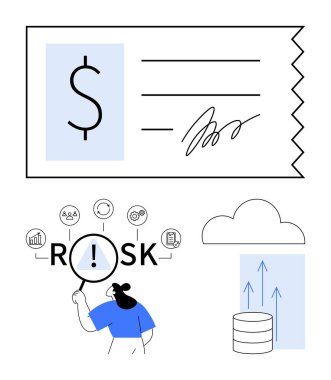 Büyüteç işaretleri simgelerle çevrili riskleri vurgular, dolar işaretleriyle kontrol et, bulut deposundaki oklar. Finans, yatırım, denetimler, veri güvenliği, analiz, soyut çizgi tahmini için ideal