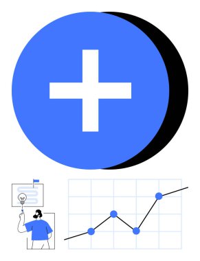 Merkez mavi artı işareti pozitifliği, yükselen grafik eğilimini ve fikirleri sunan bir iş adamı. Başarı, takım çalışması, strateji, liderlik, veri analizi, ilerleme için ideal