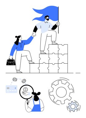 Adam, bayrak ve takım çalışması tutarak kadınların bulmaca basamaklarına tırmanmasına yardım ediyor. Büyüteç, belge analizi, geliştirmek için dişli tekerlekler. Liderlik, rehberlik, ortaklık, hedefler, başarı yeniliği için ideal