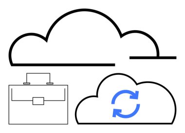 Geniş çizgili bulut, mavi oklu daha küçük bulut ve iş çantası. Bulut hesaplama, veri yönetimi, iş araçları, işbirliği, depolama sistemleri, uzaktan erişim için ideal