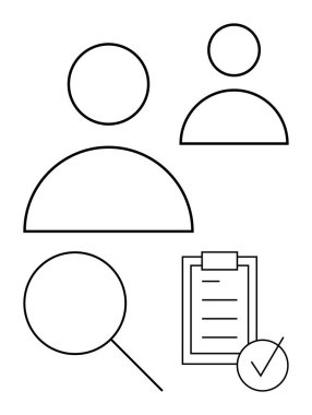 Soyut kullanıcı simgeleri, büyüteç, işaretli kontrol listesi görevleri, aramaları, profilleri temsil eder. Üretkenlik, İnsan Kaynakları, Yönetim, Arama işletmeleri için ideal soyut çizgi düz metafor