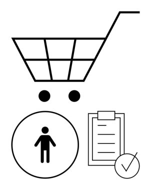 Tekerlekli alışveriş arabası, insan simgesi, pano kontrol listesi ve işaret. E-ticaret, müşteri hizmetleri, organizasyon, iş yönetimi online alışveriş planlama minimalizmi için idealdir. Soyut çizgi