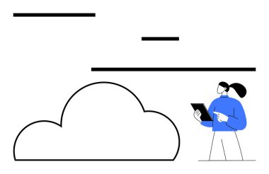 Businessperson ekranı gösteren bir tablet tutuyor. Büyük bulut şekli ve minimalist çizgilerin yanında. Bulut hesaplama, dijital veri, iş analizleri, teknoloji ve bilişim hizmetleri için ideal