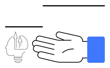 İnsan eli uzatılmış, mavi kollu, oklu insan kafası profili ve ampul. Yenilik, ilerleme, yaratıcılık, düşünce liderliği takım çalışması teknolojisi için idealdir. Satır metaforu