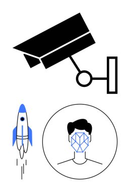 Siyah güvenlik kamerası ikonu, minimum yüz tanıma çizgisi ve roket grafiği başlatılıyor. Teknoloji, gizlilik, güvenlik, yapay zeka, yenilik, gelişim düz çizgi metaforu için idealdir