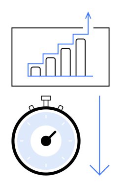 Büyüyen bir çubuk grafiğin altındaki Kronometre yukarı doğru ok ile iş büyümesindeki zamanın önemini vurguluyor. Üretkenlik, verimlilik, ilerleme, gelişme, performans ve planlama için ideal