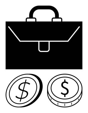 İki dolarlık madeni paraların üzerindeki siyah evrak çantası iş, finans ve para kavramlarını vurguluyor. Yatırım, tasarruf, bankacılık, zenginlik, ticaret ekonomisi finansal planlama için idealdir. Soyut satır düzlüğü