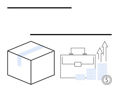 Kutu, evrak çantası, üst üste istiflenmiş paralar, büyümeyi gösteren oklar ve dolar işareti simgesi. Ticari kalkınma için ideal, finansal başarı, lojistik, girişimcilik e-ticaret yatırımı ekonomisi