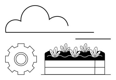 Üstünde bitki ve bulut olan katmanlı toprağın yanındaki dişliler tarımı, teknolojiyi ve büyümeyi simgeler. Çiftçilik için ideal, sürdürülebilirlik, yenilik, eko-teknoloji, bahçe iklim bilimi. Soyut