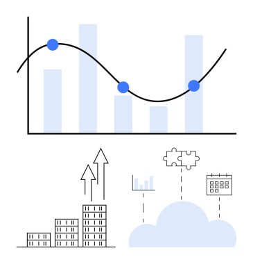 Eğilim çizgisi, bulut simgesi, bulmaca parçaları, takvim ve büyüme okları olan çubuk grafiği. İş stratejisi, veri analizi, bulut hizmetleri, büyüme planlama ekip çalışması için ideal soyut çizgi