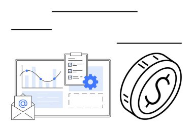 Çizelge, kontrol listesi, e-posta ikonu ve finans, üretkenlik ve iletişimi sembolize eden dolar para tablosu. İş planlaması, ROI analizi, pazarlama hedefi izleme için ideal