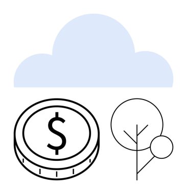 Madeni para ve ağaç üzerinde bulut ana hatları finansal büyüme, çevre dostu girişimler, sürdürülebilirlik, bulut çözümleri, teknoloji, yenilenebilir enerji gelişimi, soyut düz metafor