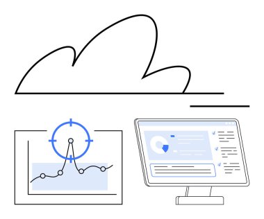 Bulut çizgisi, torpido gözüyle izleme, hedef işaretli analiz çizelgesi. Bulut teknolojisi, veri analizi, iş büyümesi, dijital dönüşüm, yenilik, strateji soyut çizgisi için ideal