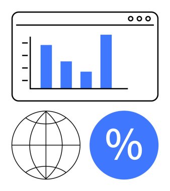 Tarayıcı penceresinde çubuk çizelgesi, kablo çerçevesi küresi ve mavi ile yüzde sembolü. Veri analizi, istatistik, küresel eğilimler, finans, iş büyüme web analitiği ekonomi raporları için idealdir. Basit.