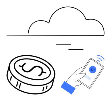 Bir doların üzerinde bulut ve ekranda işaretli akıllı telefonu tutan bir el. Fintech, online bankacılık, dijital ödemeler, bulut depolama, finansal uygulamalar, veri güvenliği, e-ticaret için ideal