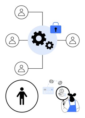 Merkezi dişli ve asma kilit dört kullanıcı simgesine hat üzerinden bağlı, teknoloji araştırmacısı verileri analiz ediyor, aşağıdaki tek kullanıcı simgesi. Siber güvenlik, ağ oluşturma, veri koruması ve araştırma için ideal