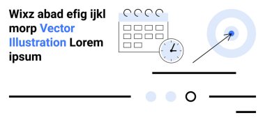 Saatli takvim, oklu hedef, çeşitli geometrik çizgiler ve noktalar. İş planlaması, zaman yönetimi, hedef belirleme, organizasyon, üretkenlik, zamanlama ve profesyonel için ideal