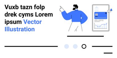 Mobil cihaz ekranını gösteren adam veri analizi, metin elemanları ve grafik çizgileri gösteriyor. İş, veri analizi, mobil uygulama, sunum, teknoloji, modern, kullanıcı arayüzü tasarımı için ideal