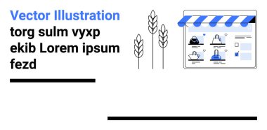 Dijital mağaza arayüzü, mavi çizgili tente, kullanıcı profilleri ve buğday simgeleri. E-ticaret platformları, tarım pazarları, çevrimiçi ticaret, dijital ticaret, ürün listeleme kullanıcısı için ideal