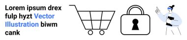 Alışveriş arabası, güvenlik kilidi ve okuyanlar online alışveriş, e-ticaret, güvenlik öneriyor. E-ticaret, dijital güvenlik, çevrimiçi mağaza güvenliği ve teknoloji veri koruması perakendecisi için ideal