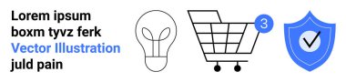 Ampul taslak simgesi, tebligat kartı olan alışveriş arabası, işaretli mavi kalkan. E-ticaret, güvenlik, yenilik, alışveriş, teknoloji, bilgilendirme ve güvenilirlik için ideal. İniş sayfası