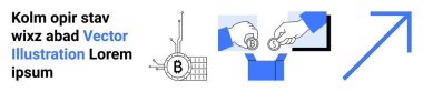 Metin elemanları, kripto para birimi sembolü, devre kartı, bozuk para değiş tokuşu, paket, yukarı doğru ok. Finans, teknoloji, kripto para birimi, engelleme zinciri bilgi grafikleri web siteleri için ideal