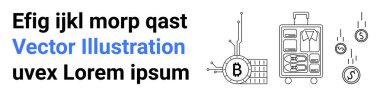 Mavi vektör metni, bavul, dijital devre kartında Bitcoin sembolü ve düşen paralar içeren metin tanıtımı. Kripto para birimi, dijital finans, seyahat blogları, finans haberleri ve eğitim içeriği için ideal