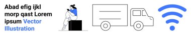 Kadın okuma, dağıtım kamyonu, kablosuz sinyal ve rastgele metinler modern hayatın çeşitli yönlerini vurguluyor. E-ticaret, dijital eğitim, lojistik, teknoloji ve ulaşım için ideal