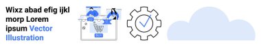 Shopping cart icon with products, gear icon with a check mark, and cloud icon. Ideal for e-commerce shops, online settings, cloud computing, SaaS, online transactions, digital activities tech