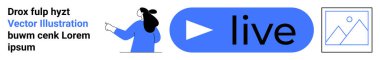Çalma simgesi, resim çerçevesi simgesi ve yer tutucu metni olan canlı bir düğmeye bakan bir kadın. Akımlar, dersler, bloglar, duyurular, eğitim içeriği, webinarlar ve dijital için ideal